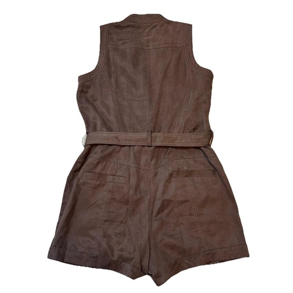 RARE Y2K Cache Tencel Romper Size S Gold Buttons Belted Mock Neck Breathable - Picture 2 of 9